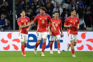 Victor Davila, Igor Lichnovsky, Alexis Sanchez, Marcelino Nunez of Chile celebrate their first goal during the international friendly match between France and Chile at Stade Velodrome on March 26, 2024 in Marseille, France.(Photo by Jean Catuffe/Getty Images)