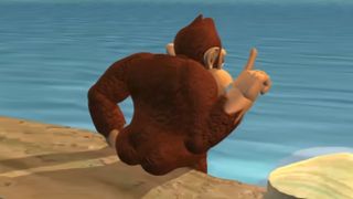 Donkey Kong with prominent buttcheeks sitting on a boardwalk