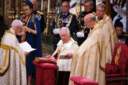 LONDON, ENGLAND - MAY 06: King Charles III during his coronation ceremony at Westminster Abbey on May 6, 2023 in London, England. The Coronation of Charles III and his wife, Camilla, as King and Queen of the United Kingdom of Great Britain and Northern Ireland, and the other Commonwealth realms takes place at Westminster Abbey today. Charles acceded to the throne on 8 September 2022, upon the death of his mother, Elizabeth II. (Photo by Yui Mok - WPA Pool/Getty Images)