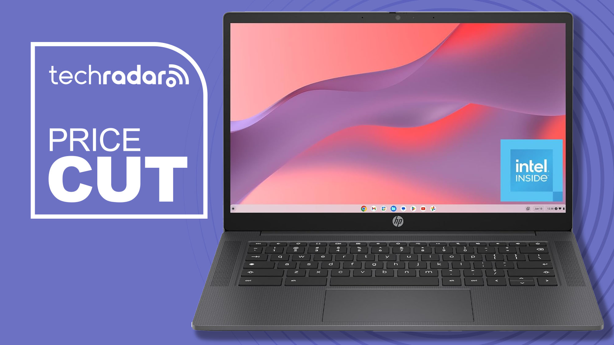 An HP Chromebook against a purple TechRadar background