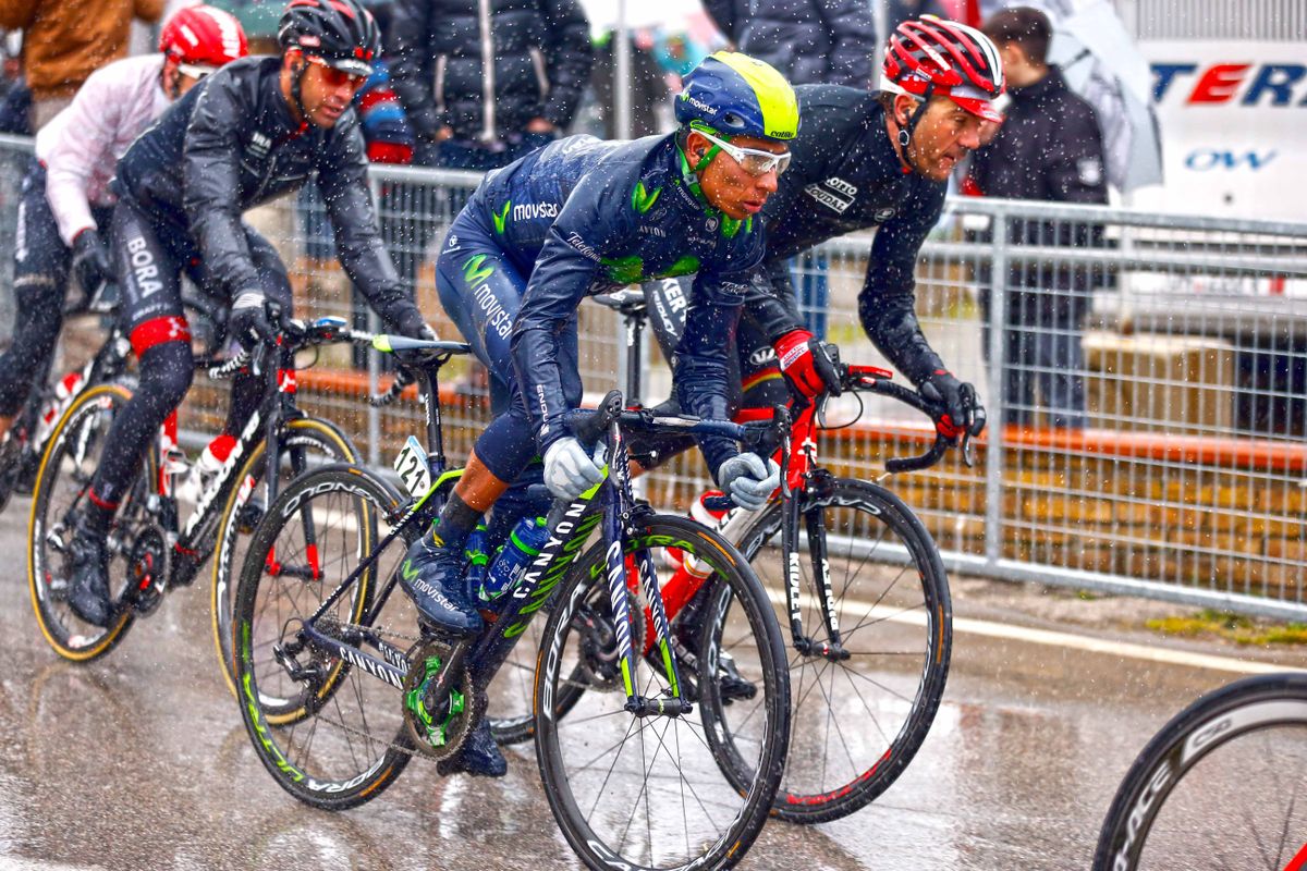 Nairo Quintana (Movistar) on the wet and cold road to Porto Sant'Elpidio.