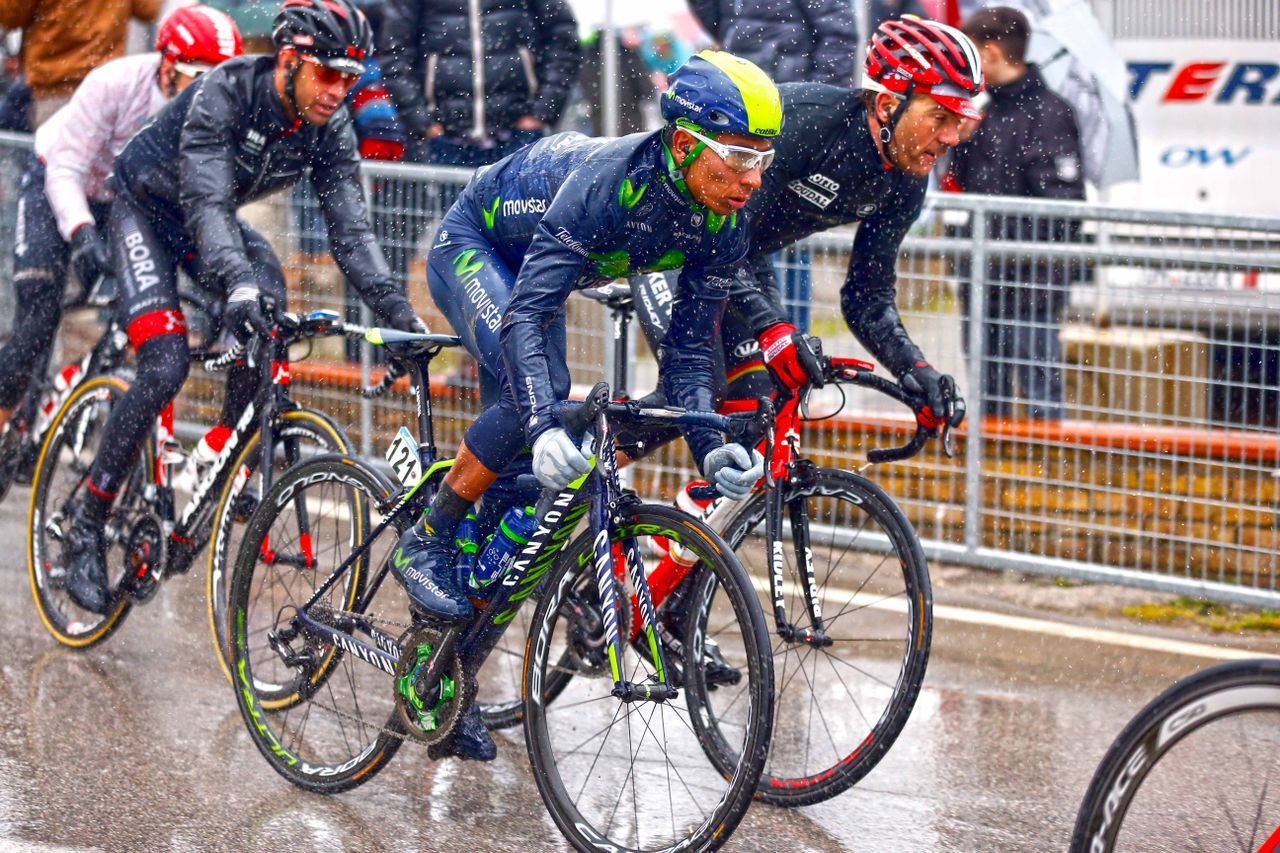 Nairo Quintana (Movistar) on the wet and cold road to Porto Sant'Elpidio.