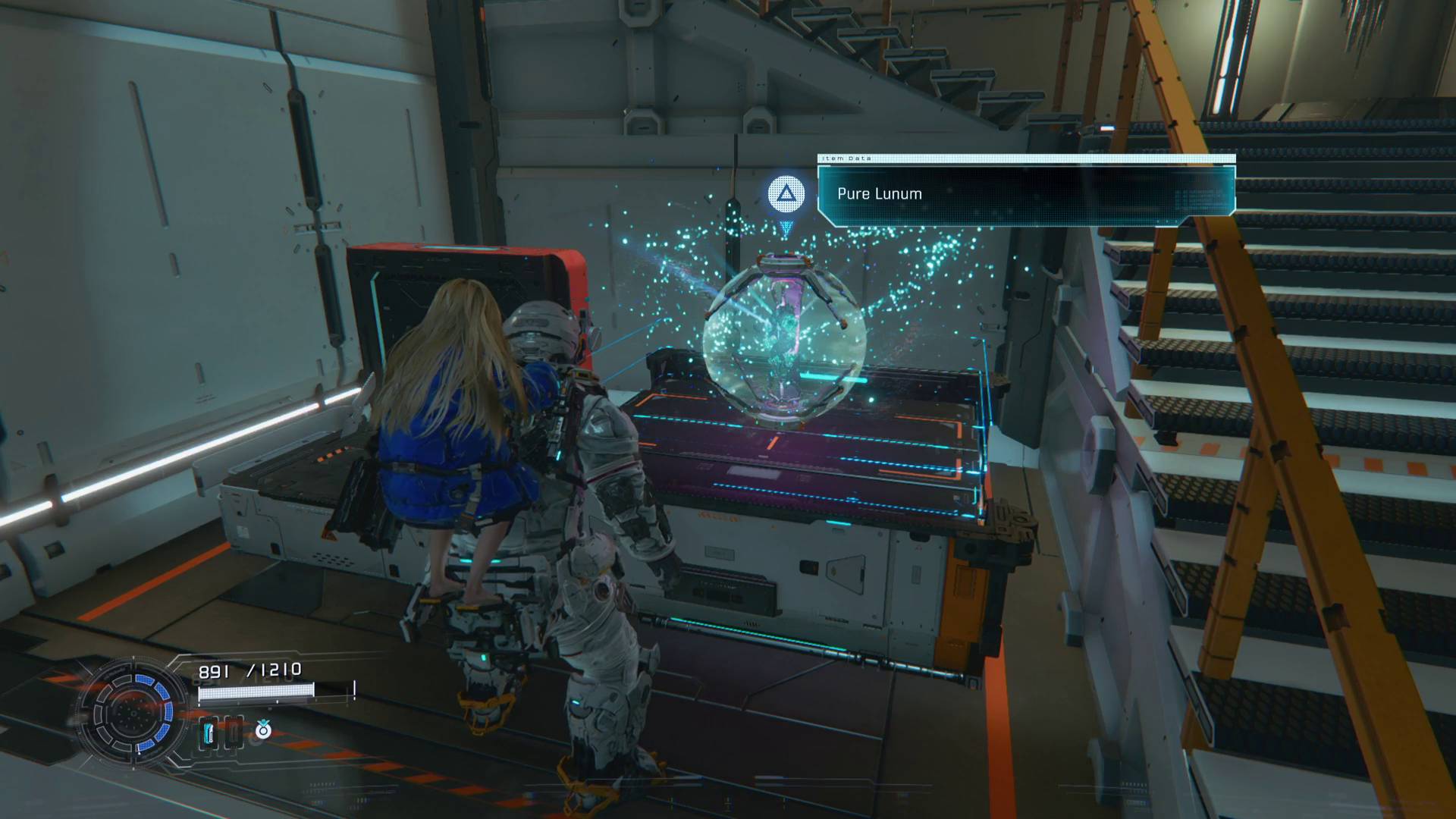 Pragmata hugh standing in front of open delphi crate with Pure Lunum inside