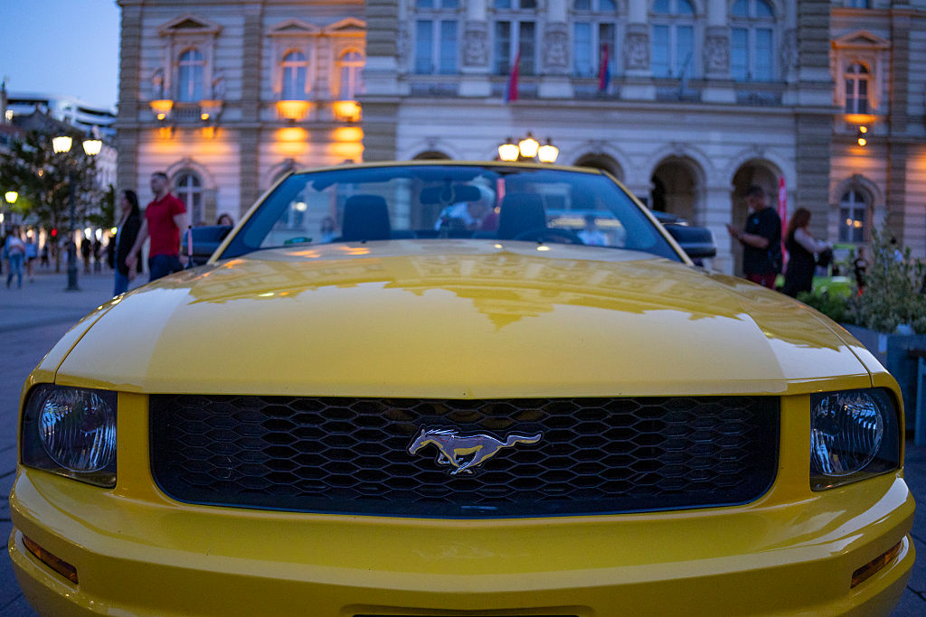 A 2006 Ford Mustang is displayed at the Second International Oldtimer Car Meeting at Liberty Square in Novi Sad, Serbia