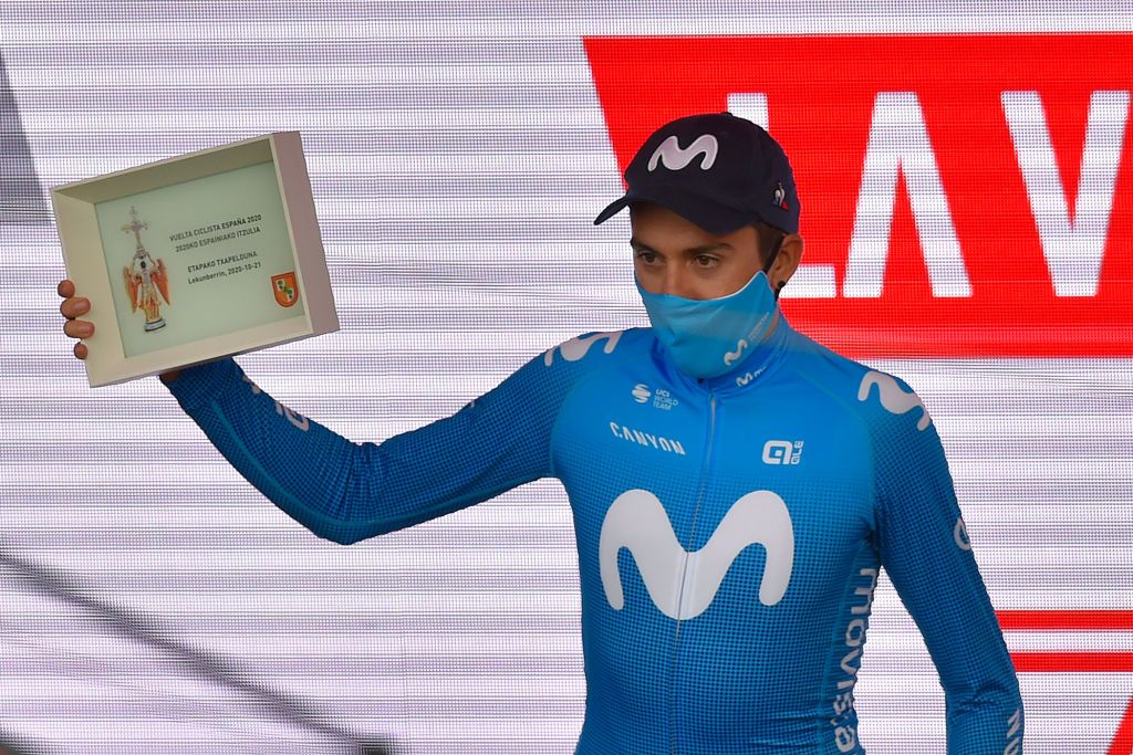 Team Movistars Spanish rider Marc Soler celebrates on the podium after winning the 2nd stage of the 2020 La Vuelta cycling tour of Spain a 1516km race from Pamplona to Lekunberri on October 21 2020 Photo by ANDER GILLENEA AFP Photo by ANDER GILLENEAAFP via Getty Images