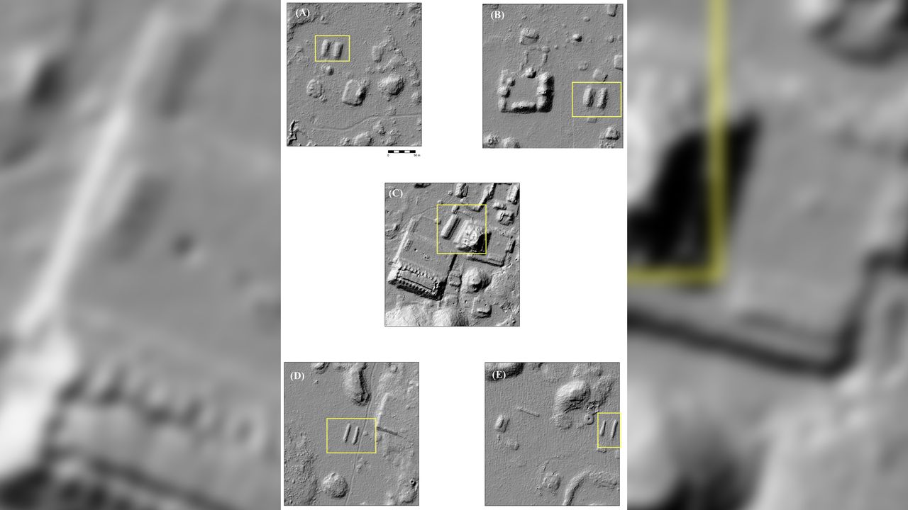 Lidar imagery showing ballcourts at various Maya communities in the Puuc region.