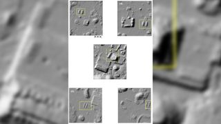 Lidar imagery showing ballcourts at various Maya communities in the Puuc region.