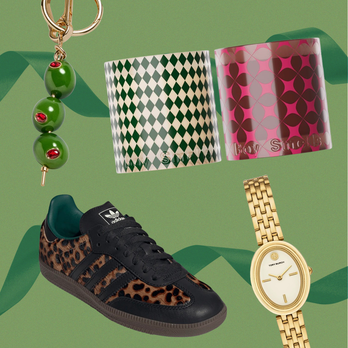 Collage of Adidas Sneakers, Watch, Makeup, and Olive Bag Charm