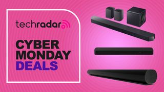 Soundbars on pink background with the words 'TechRadar Cyber Monday deals'