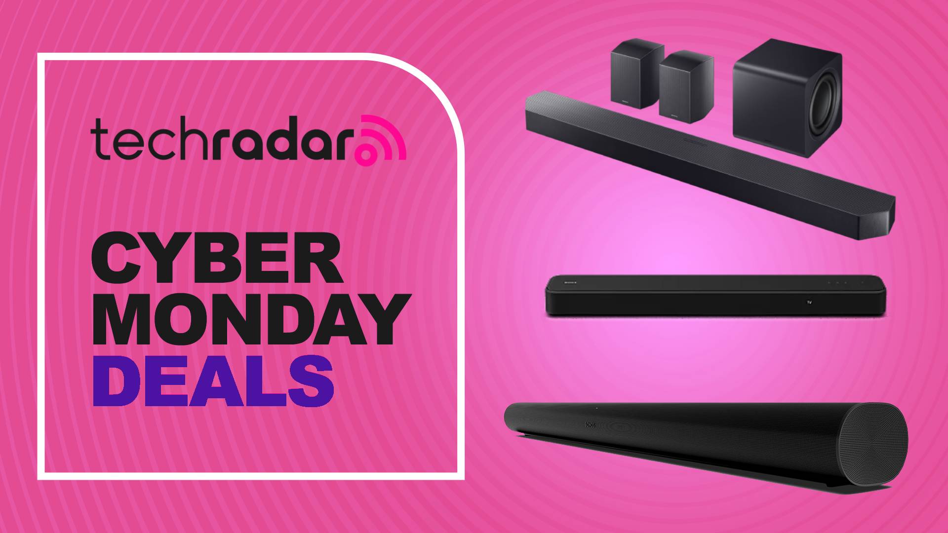 Soundbars on pink background with the words &#039;TechRadar Cyber Monday deals&#039;