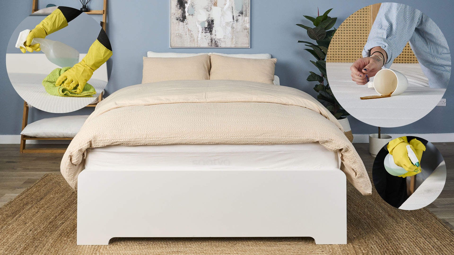 A mattress covered in bedding on a bed frame in a bedroom. In the top left, a circle showing a pair of hands in rubber gloves use a spray bottle and cloth to remove stains from a mattress. In the top right, a circle showing a person knocking a cup of coffee onto a mattress. In the bottom right, a circle showing a pair of hands in rubber gloves using a spray bottle to clean a mattress stain