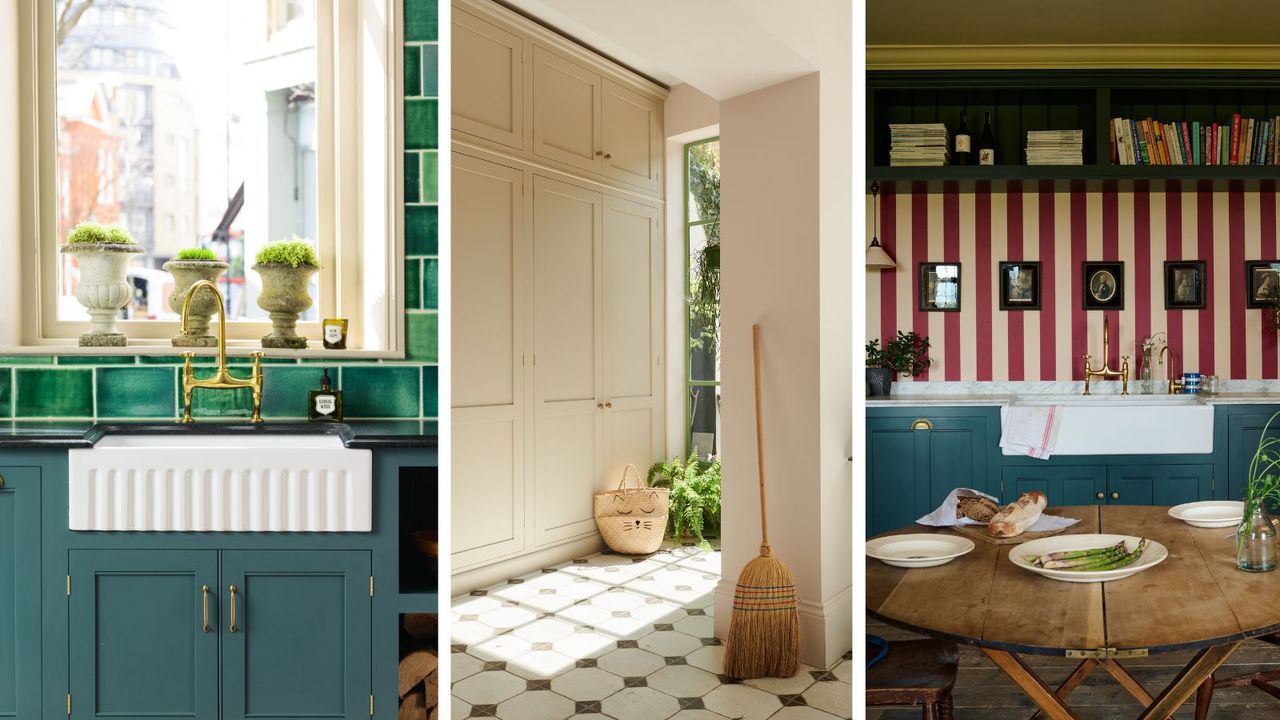 Three kitchen image collage. Left is blue-green kitchen cabinets with fluted butler&#039;s sink, green tiling and bright window, middle is neutral basement cabinets floor to ceiling, and on right a red and white vertically striped wallpaper with white butler&#039;s sink and dark blue cabinets