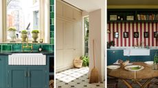 Three kitchen image collage. Left is blue-green kitchen cabinets with fluted butler's sink, green tiling and bright window, middle is neutral basement cabinets floor to ceiling, and on right a red and white vertically striped wallpaper with white butler's sink and dark blue cabinets