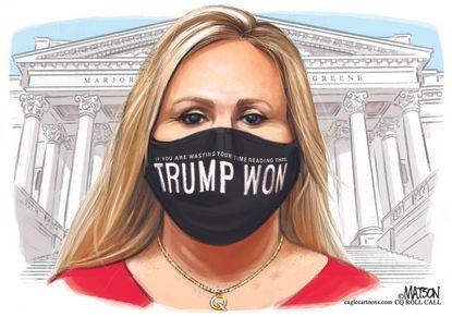 Political Cartoon U.S. marjorie taylor greene trump mask