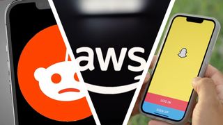 A phone showing a sad Reddit logo next to the AWS logo and hands holding a phone running Snapchat