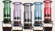AeroPress clear coffee maker in the new color range, which covers green, purple, black, blue, and red