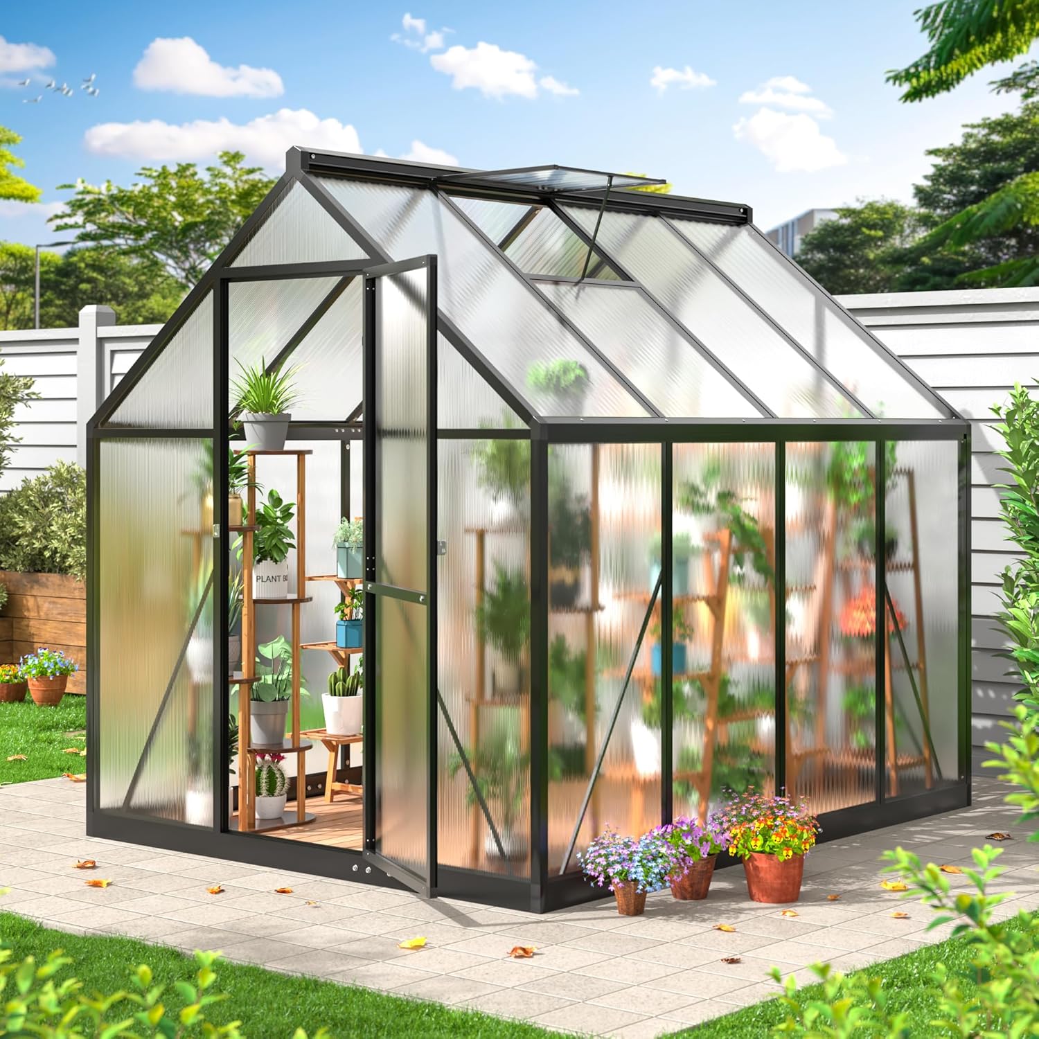 Airwire Greenhouse 6×7.5 Ft, Quick Setup Polycarbonate Greenhouse for Outdoors With Roof Vent, Walk in Green Houses for Outside for Outdoor Garden Backyard, Black