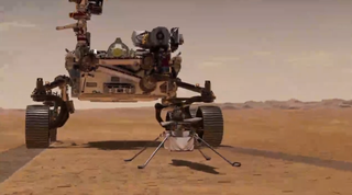 An artist's depiction of the Mars helicopter Ingenuity separating from NASA's Perseverance rover on Mars.