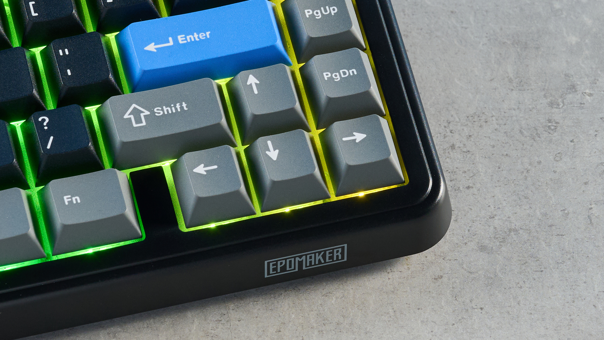 A black, gray and blue Epomaker HE65 Mag magnetic keyboard with Hall Effect switches