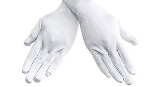 White satin gloves that you can buy on Amazon.