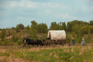 A covered wagon moving across a grass field in Little House on the Prairie