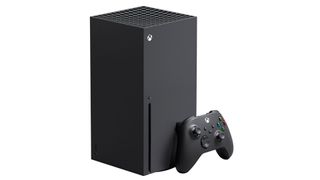Black xbox X series with a matching black console.