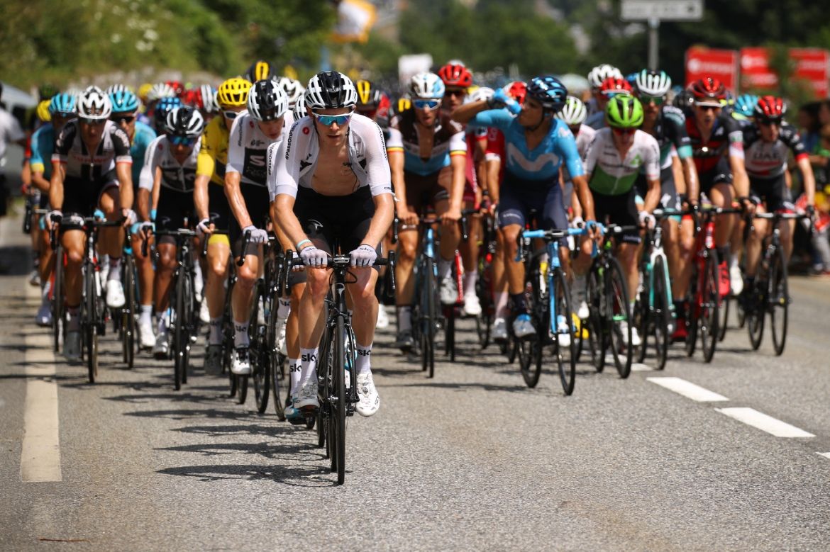 Team Sky leads the peloton out of Luchon