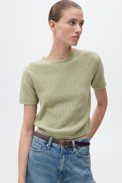 MANGO, Short-Sleeved Knitted Cotton Sweater 