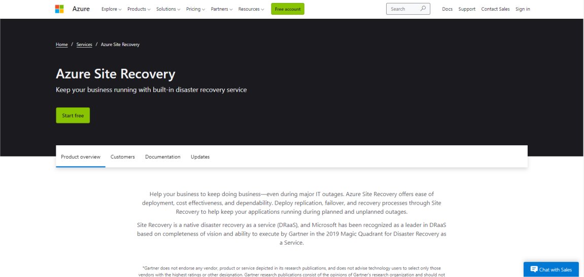 Website screenshot for Microsoft Azure Site Recovery