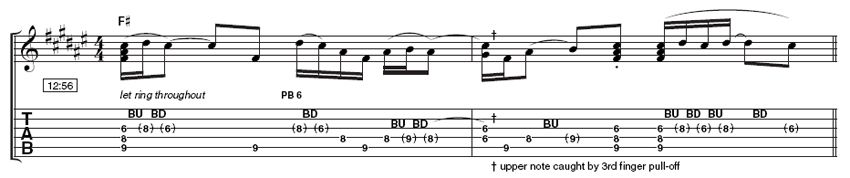 Example 1 - Bending on the third string: This is a great example to play over static chords when you need to add some country embellishment. Try moving it around the neck so you can fit it over other chords.