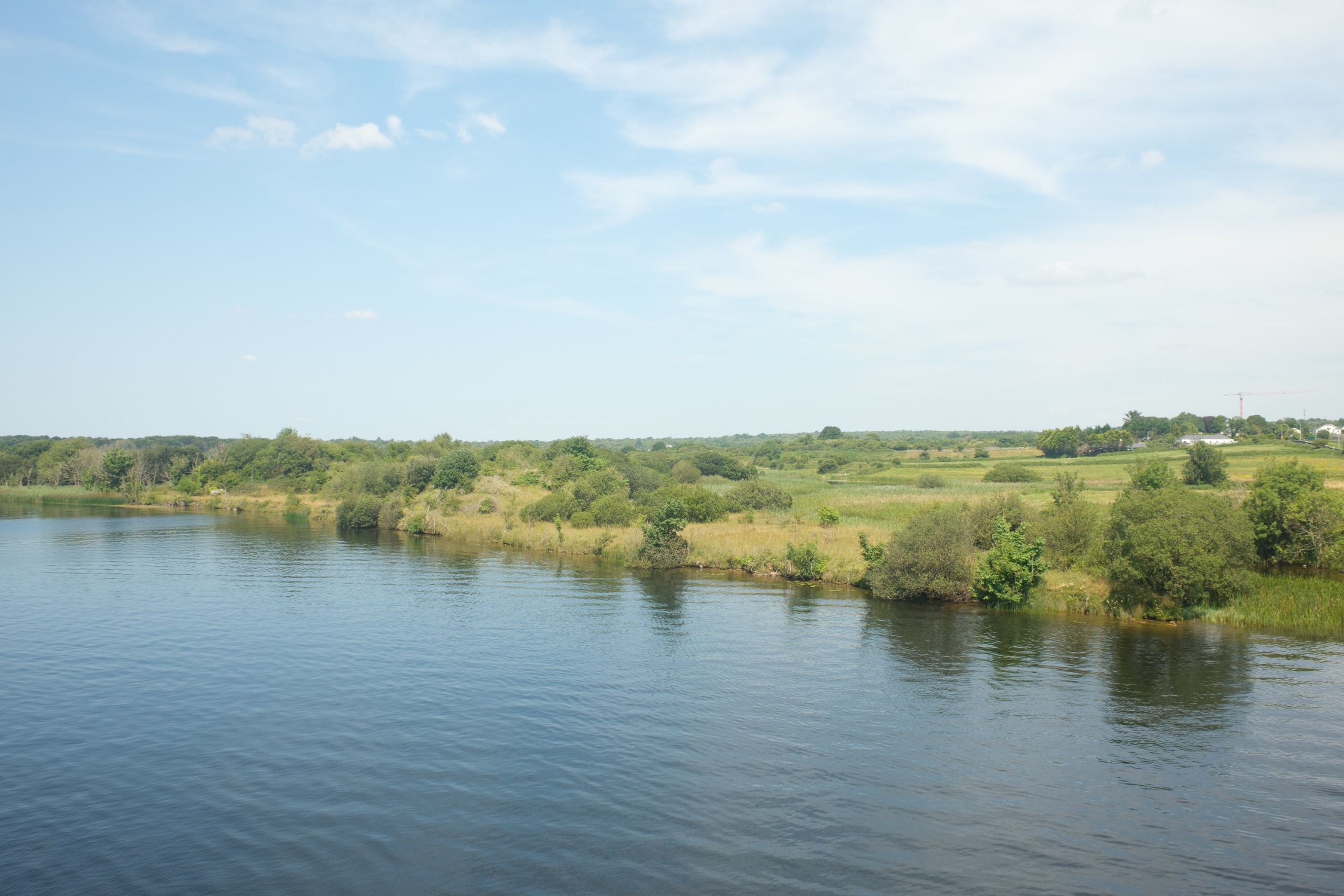 Wide river bordered by green fields, shrubs, and trees beneath a bright blue sky with light cloud.