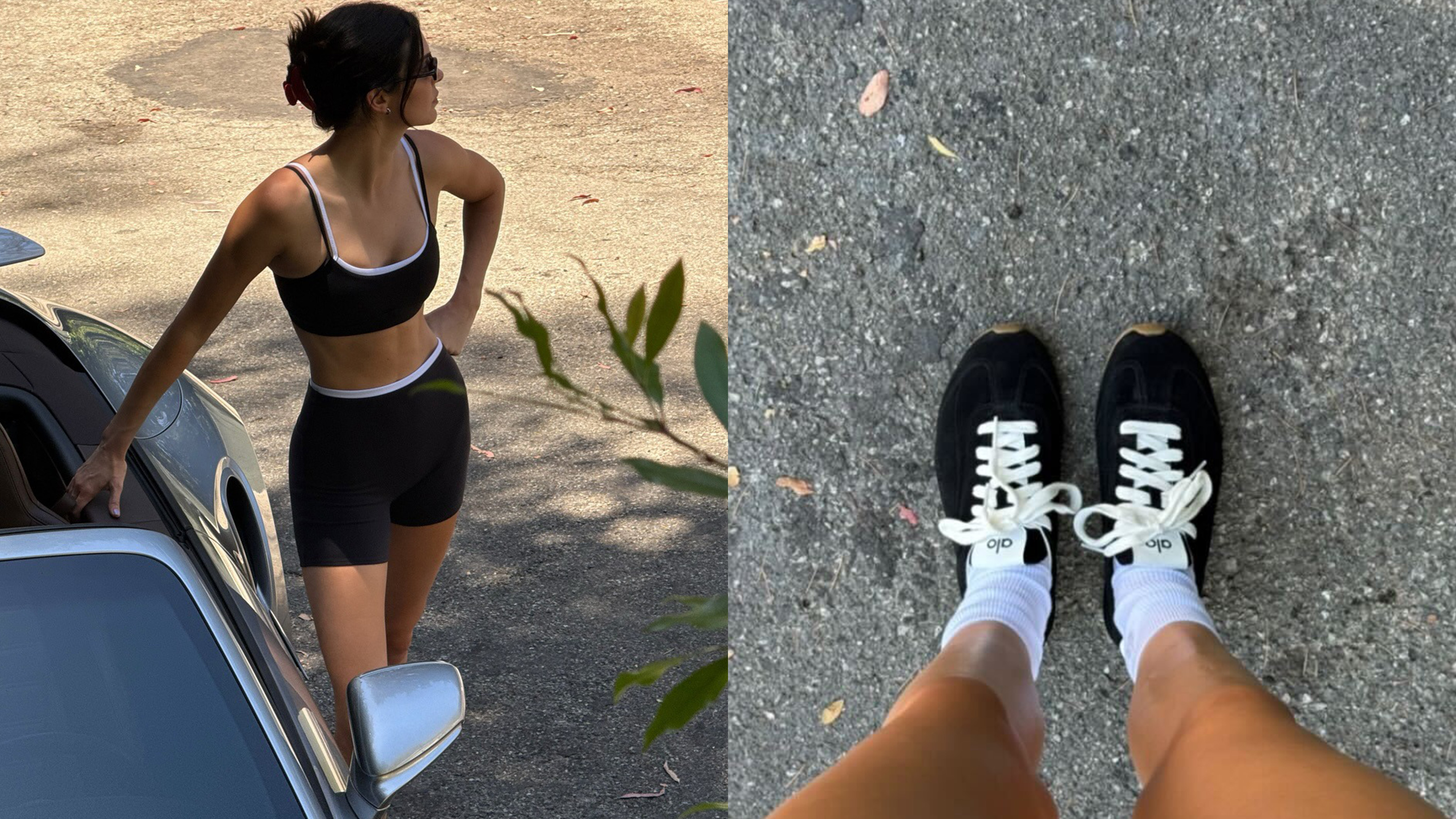 Kendall Jenner wearing a black-and-white workout set from Alo with the brand&#039;s new Sunset sneakers.