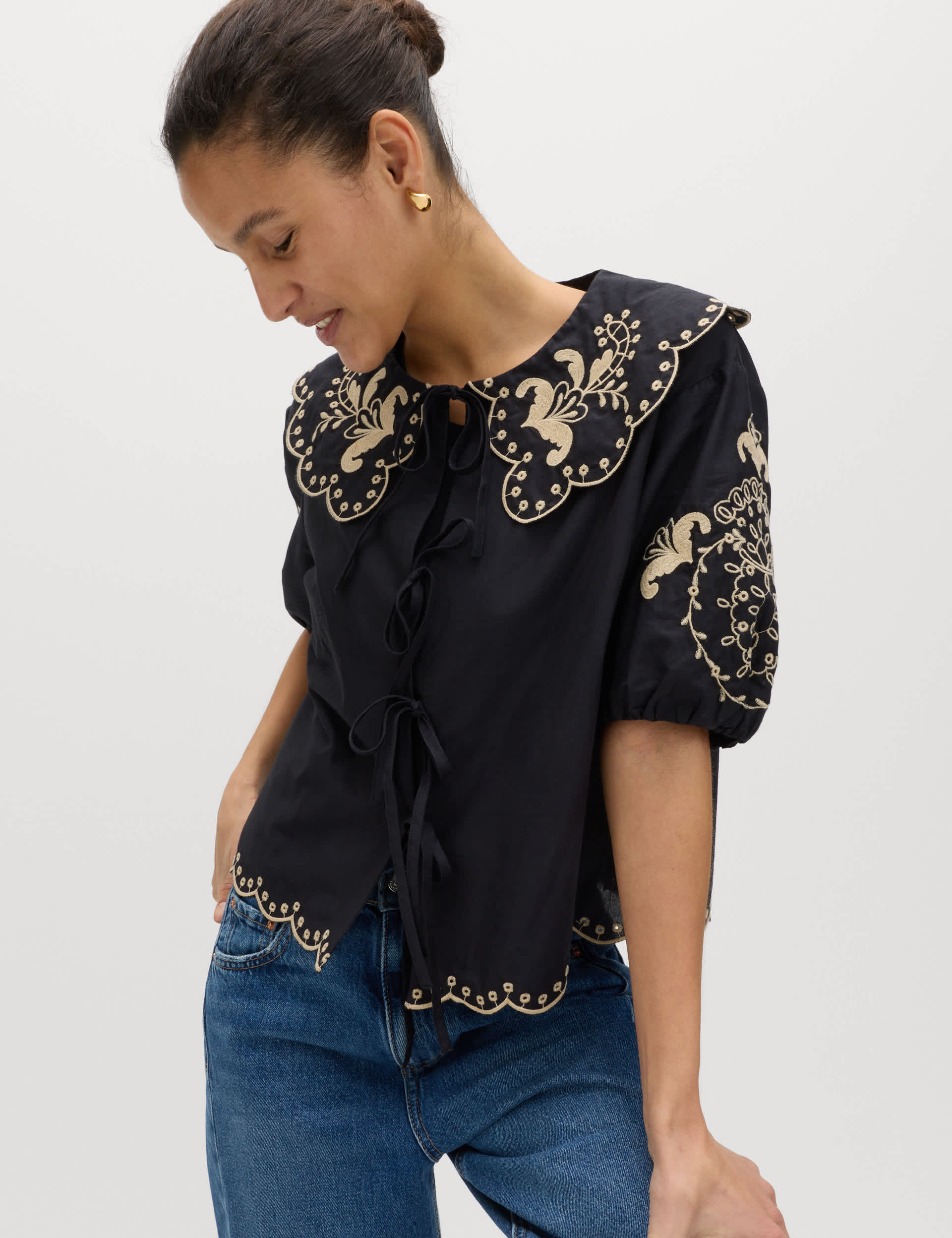 Pure Cotton Embroidered Collared Blouse