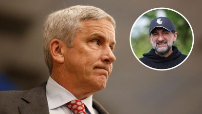 Main image of Jay Monahan looking to the right while inset photo shows PIF chair Yasir Al-Rumayyan wearing a black LIV Golf cap
