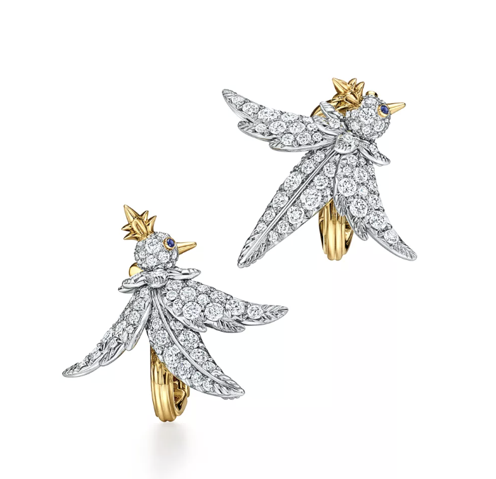 Tiffany &amp;amp; Co., Bird Earrings in Platinum and Gold with Diamonds