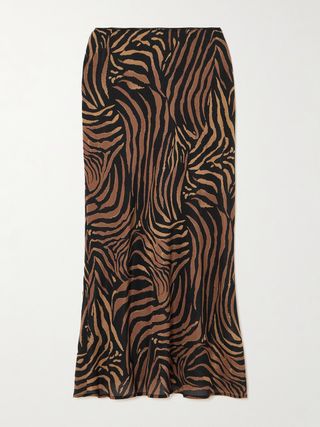 Ardith Tiger-Print Silk-Satin Midi Skirt