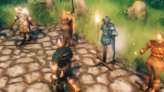 Valheim work in progress screenshot of a viking standing in front of wooden stands with sets of armor hanging on them.