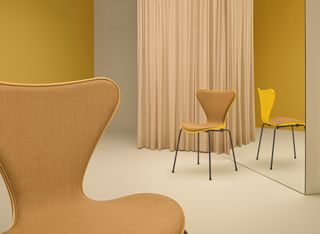 Mustard chairs in a room with glass mirror, cream curtains and an accented mustard wall