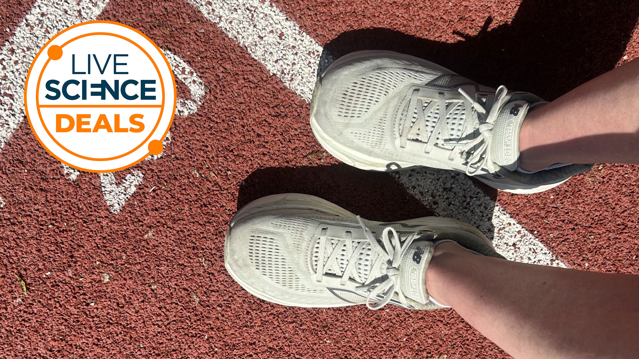 A Live Science Deals logo and a close-up picture of our reviewer's New Balance Fresh Foam running shoes