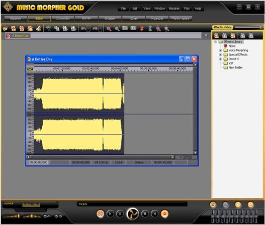 Music Morpher Gold&rsquo;s Editor tab lets you edit, cut, and apply special effects and filters to your audio files.