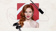 Vertical mage of Angela Scanlon at the 2024 Fashion Awards, set against an off-white background and fine line drawing, surrounded by a mascara and black product swatch 