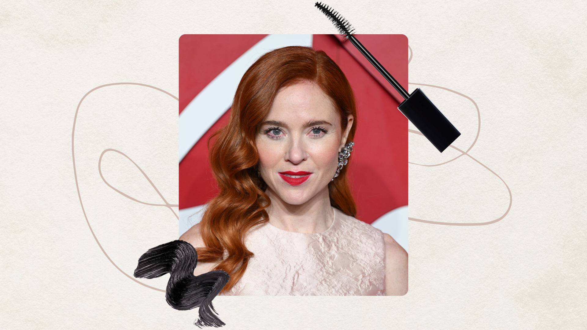 Vertical mage of Angela Scanlon at the 2024 Fashion Awards, set against an off-white background and fine line drawing, surrounded by a mascara and black product swatch 