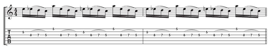 Example 3 - Lick 4: The final lick uses an extra pull-off on the third string, with the feel now in fours not threes. Moving from the second to the third string is easier than the wider string skip, so you may like to perfect this part of the lick first.