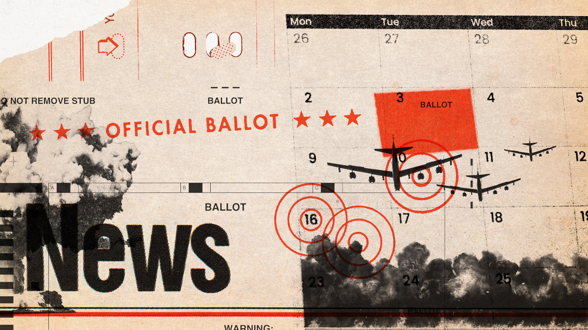 Photo collage of a calendar showing November 2026, with midterms day highlighted and bomber planes flying over the rest of the month. 