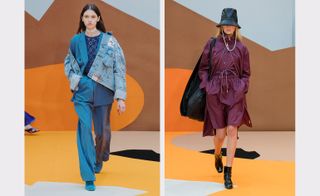 as leather sunhats with pearl strings and a stellar blue loose fitting trouser suit layered with a distressed and embellished oversized jean jacket
