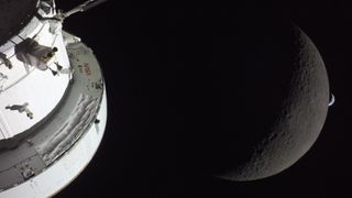 NASA’s Orion spacecraft captures the Moon and the Earth in one frame during the Artemis II crew’s deep space journey at 6:42 p.m. ET on the sixth day of the mission. The right side of NASA’s Orion spacecraft is seen lit up by the Sun. A waxing crescent Moon is visible behind it. And then, a crescent Earth, tiny compared to the Moon, is about to set below the Moon’s horizon on the right.