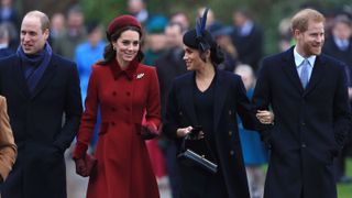 Prince William, Catherine, Meghan, and Prince Harry, arrive to attend Christmas Day Church service at Church of St Mary Magdalene on the Sandringham estate on December 25, 2018 in King's Lynn, England.