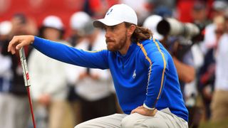 Tommy Fleetwood lines up a putt at the 2021 Ryder Cup at Whistling Straits