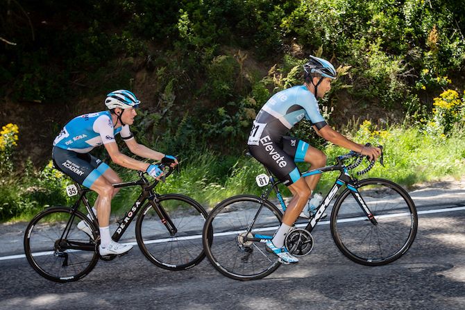 James Piccoli (Elevate-KHS) leads Ben Hermans (Israel Cycling Academy) up the steep climb of Powder Mountain on stage 2 of the 2019 Tour of Utah