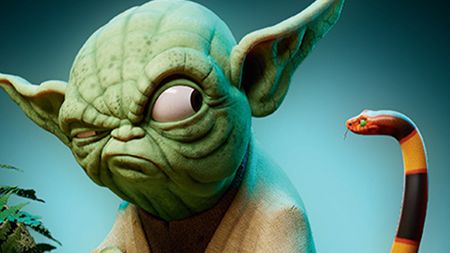 A 3D model of Yoda eying a snake